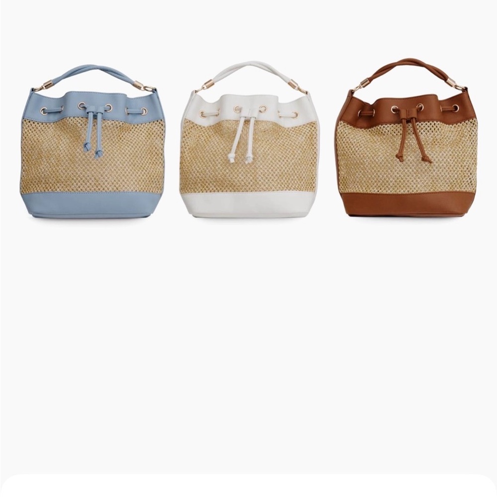 Saks Fifth Avenue Woven Straw Drawstring Bucket Bag - ONLY WHITE IS FOR SALE